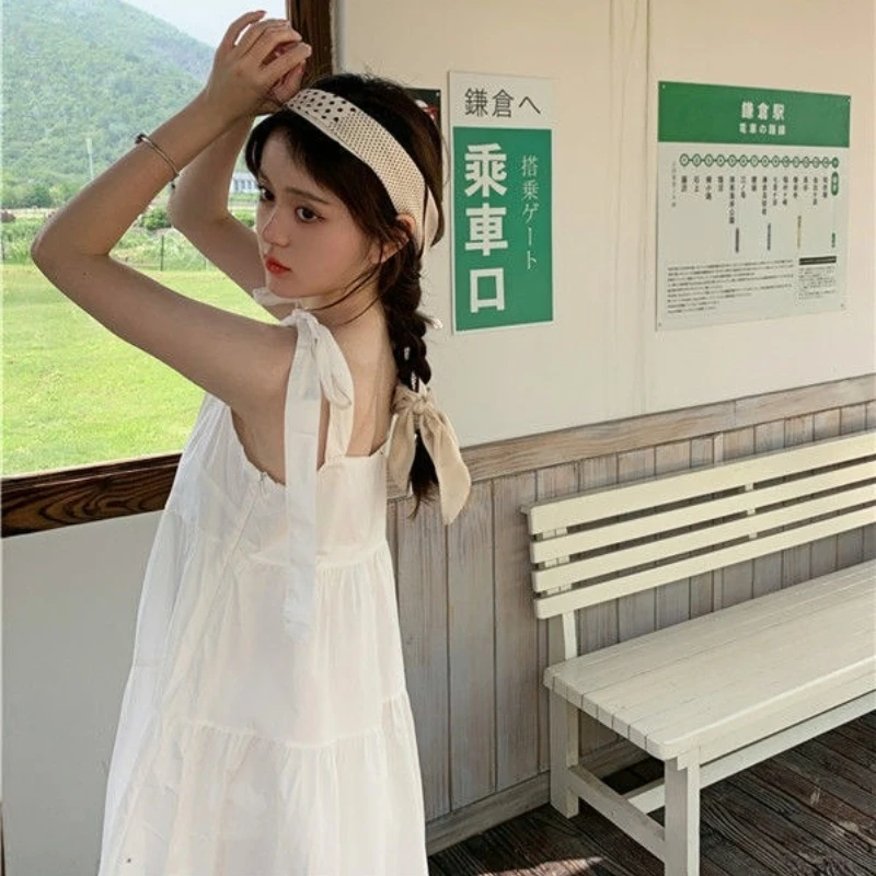 Sleeveless Dress Women Pure Color Maxi Bandage Preppy Sweet Simple Loose-waist College Leisure Korean Style Fashion Summer Ins