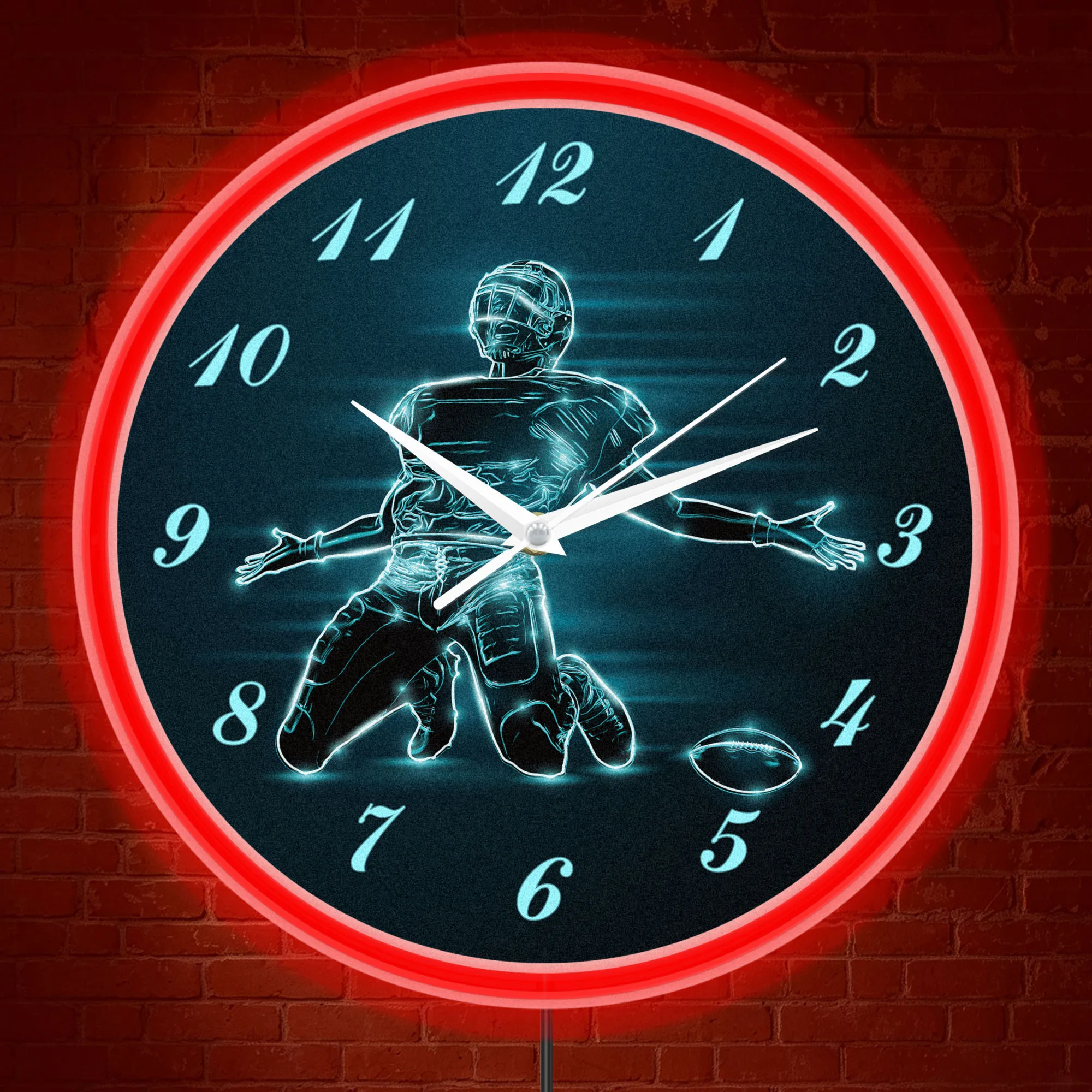 American Football Player Victory Celebration Wall Clock With Neon Rim Light Athlete Home Decor Luminous Wall Clock Glow in Dark