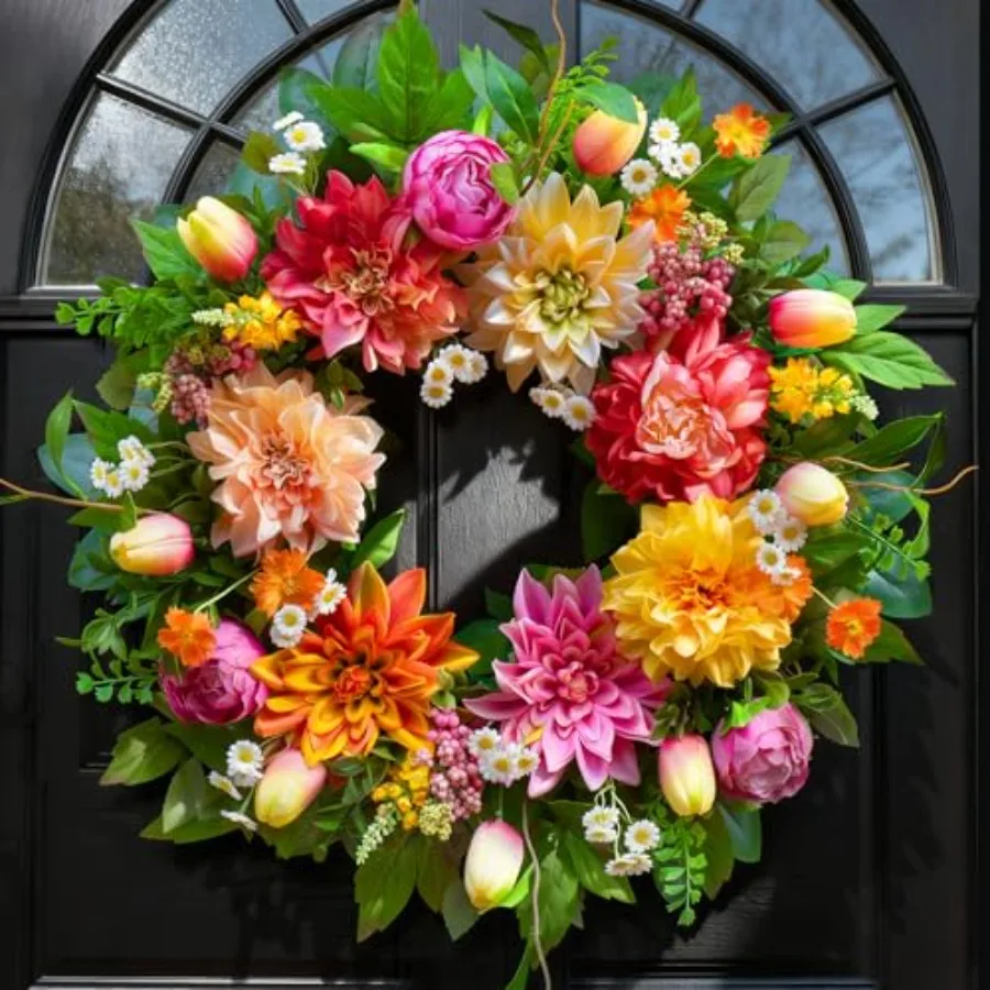 

Spring Wreath 24 Inch Summer Wreaths for Front Door with Dahlia and Greenery Wreath for All Seasons Spring and Summer Wreaths f