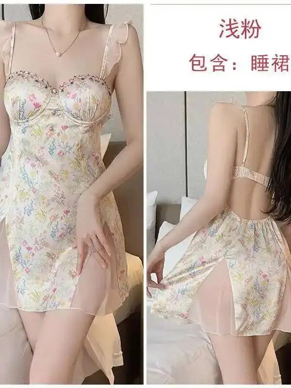 Sweet Hot Backless Sexy Padded Ice Silk Nightdress Dress Elegant Sweet Tank Mini Dress 2025 New Tops Korean Women 8B4B