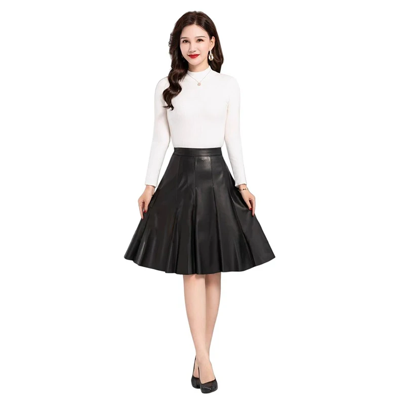Fashion Quality Real Sheep Leather Women's Skirts Elegant Office Lady Casual A- Line Midi Skirt High Waist Solid Casual Skirt