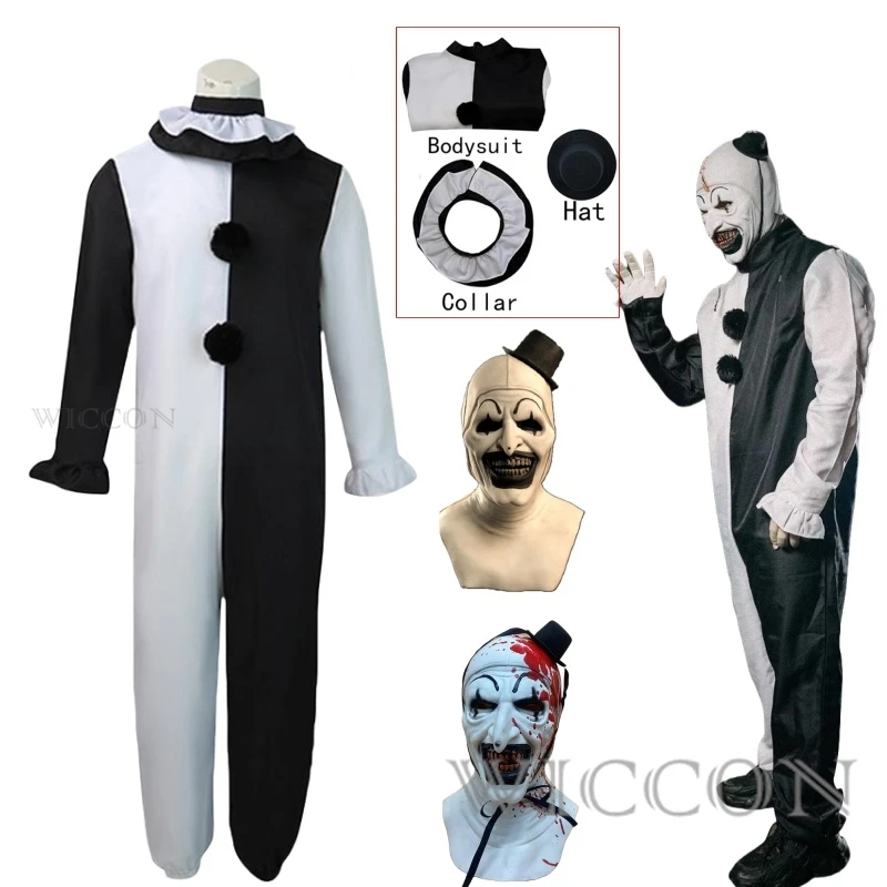 

Halloween Cosplay Scary Terrifier Art The Clown Costume Mask Suit Horror Evil Joker Latex Masks Jumpsuit Carnival Dress Up Party