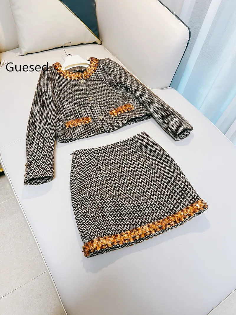 

Guesed Tweed Set Gray Star Brand Ladies Diamond Tweed Coat Skirt Suit Fashion Luxury Twinset Outerwear Bud Skirts Female New