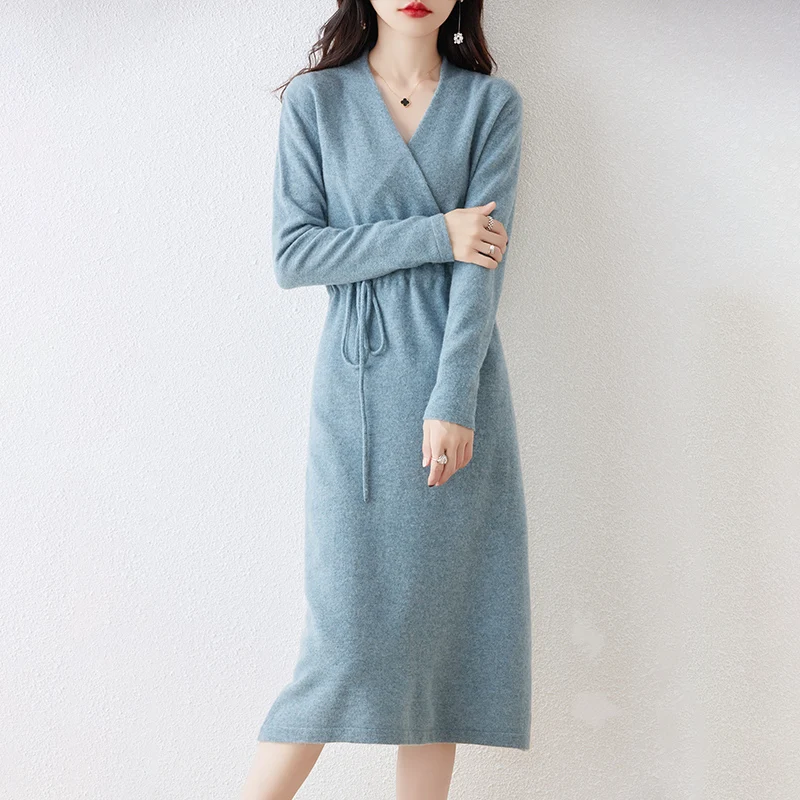 

Women's V-Neck Autumn/Winter Long Sleeved Solid Color 100%Wool Pullover Dress Fashionable Warm Drawstring Cashmere Knitted Dress