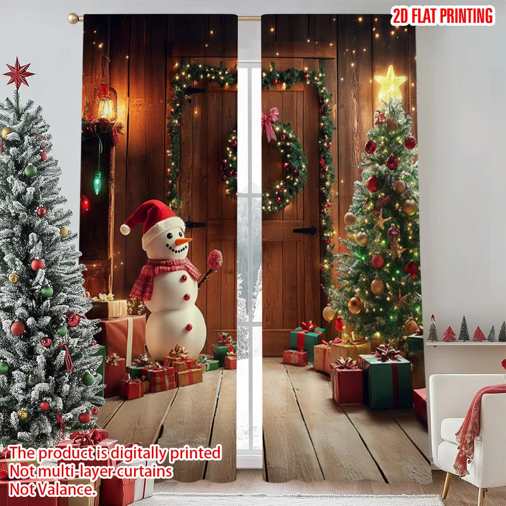 

2pcs 2D flat printing Christmas Curtain Colorful snowmen_ candy bars Polyester Without Electricity Holiday Decorations Perfect