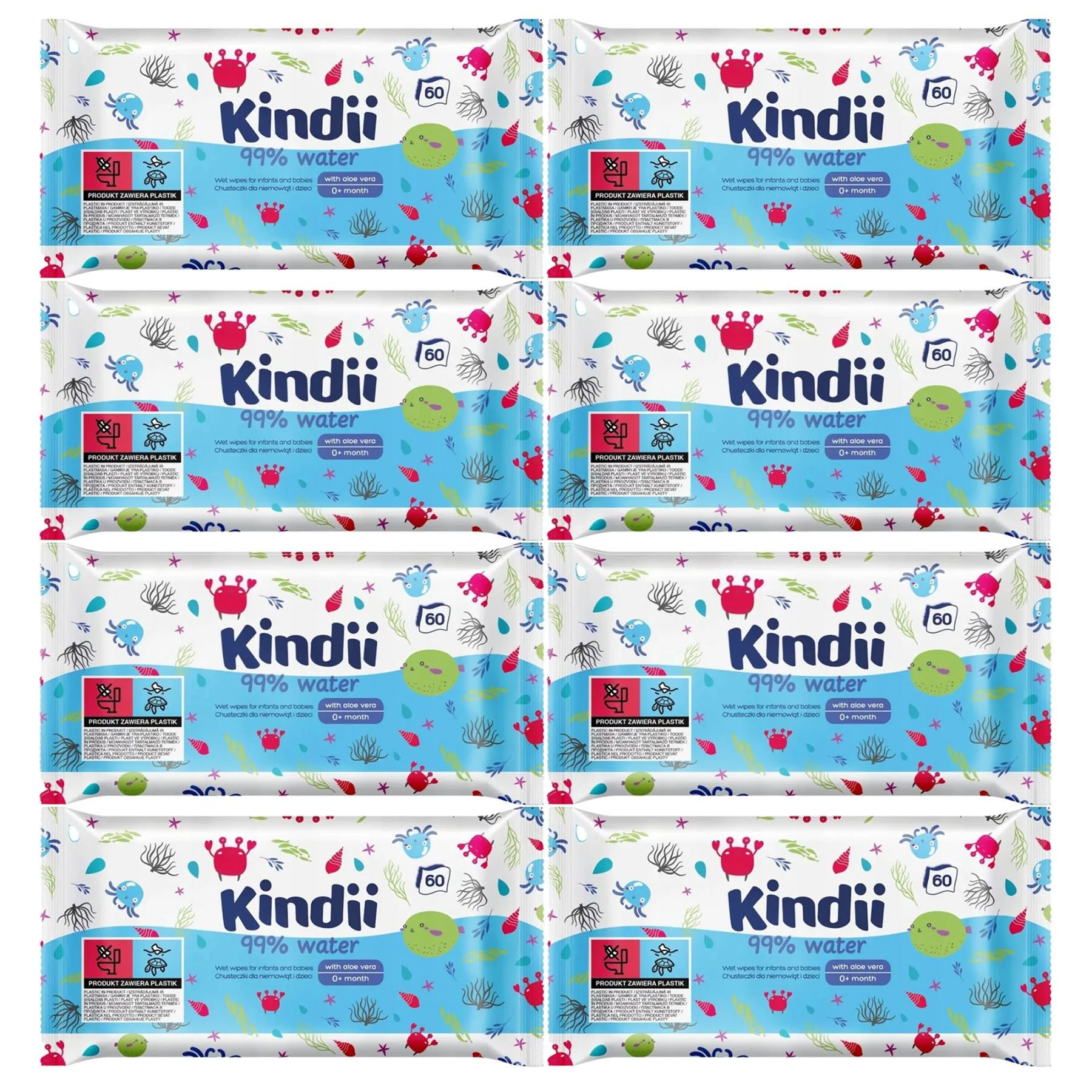 Chusteczki nawilżane dla niemowląt i dzieci Kindii 99% WODA AloeVera 8szt
