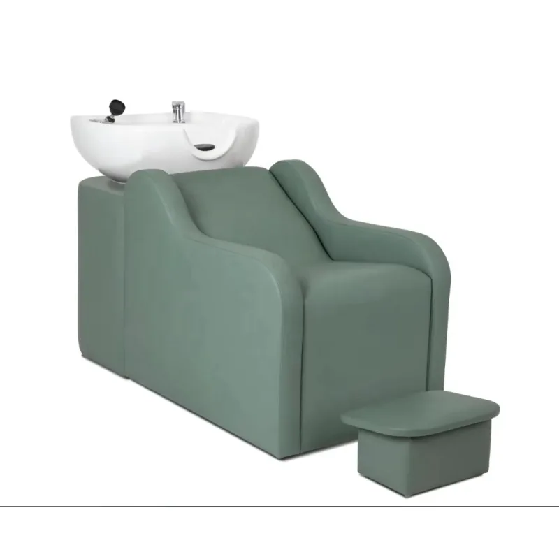 

Green Salon Shampoo Chair with Foot Stand Ceramic Shampoo Bowls Sink and Chairs Hair Salon Wash Chairs for Barber Shop