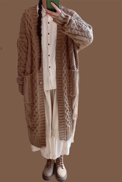 가을 겨울 일본식 우아한 레트로 두꺼운 롱 스웨터 가디건 패션 소녀 루즈핏 나이 감소 V넥 니트 울 스웨터