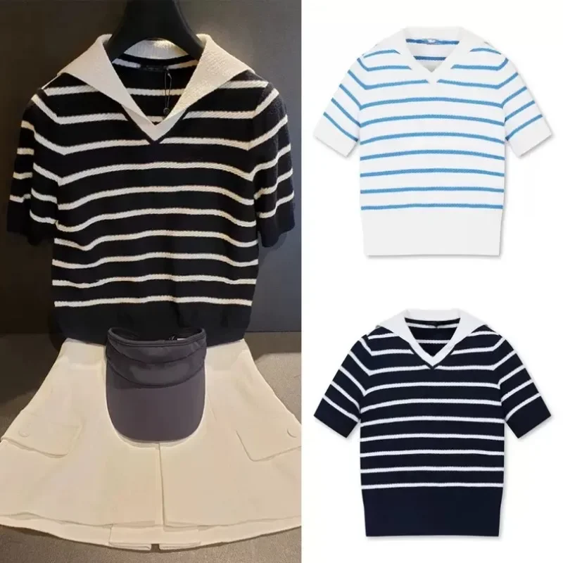 

Golf Women's Summer Versatile Short sleeved Knitted Shirt Korean Edition Polo Neck Striped T-shirt