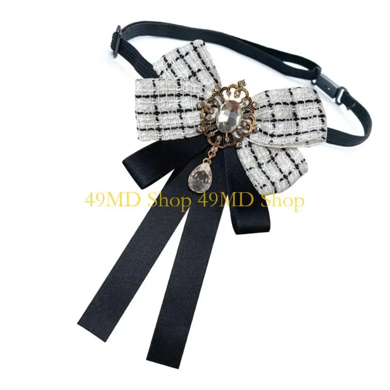 49md-elegant-rhinestones-plaids-ribbon-bowtie-with-pin-pre-tied-adjustable-preppy-bowknot-necktie-for-fashionable-women-ties