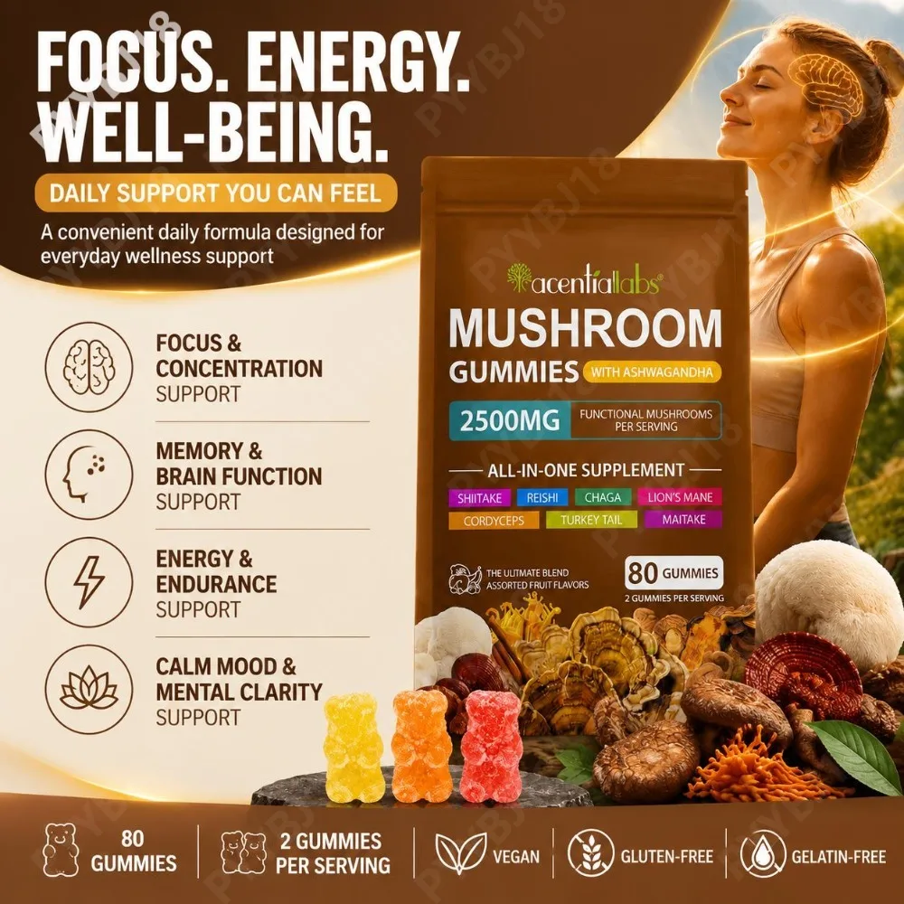 AcentiLabs Mushroom Gummies Ashwagandha Lion's Mane Reishi and Functional Mushroom Blend Focus Energy & Immune Support 80 Count