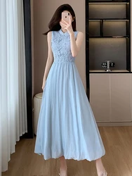 Elegant Chinese Style New Summer Blue Lace Patchwork Midi Dress Women Stand Collar Sleeveless Tank A Line Prom Party Dress