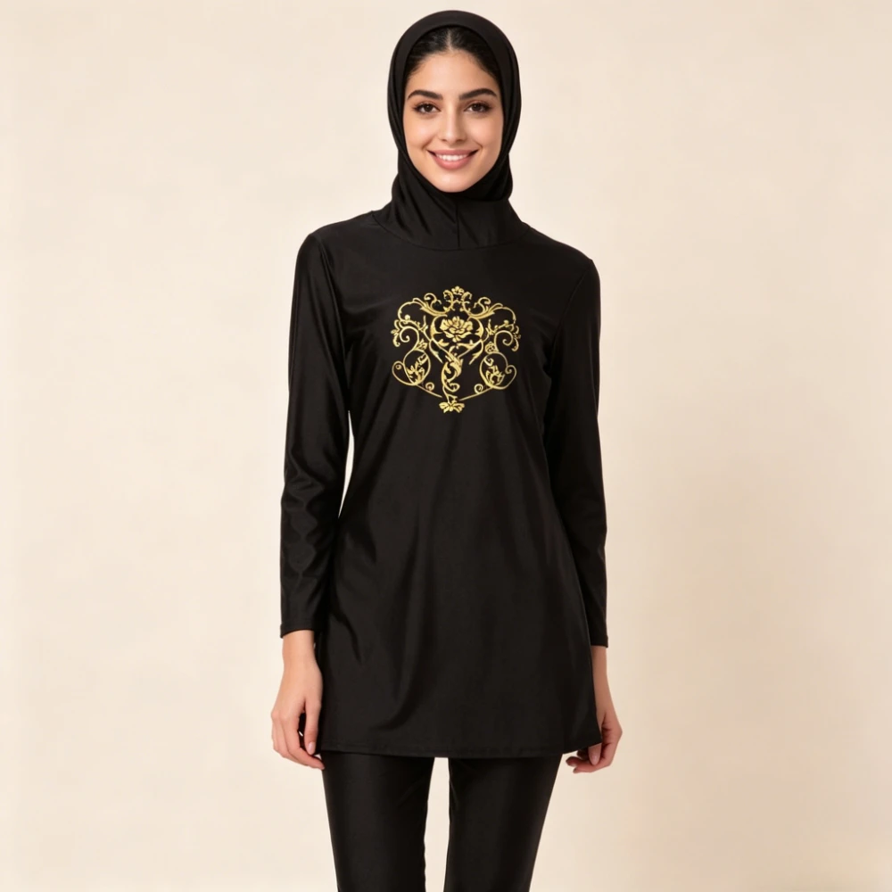 2026 Women 3PCS Ornate Print Burkini Swimwear Spliced Color Long Sleeve Tunic Top Full Length Pants Muslim Bathing Suit 3 Colors