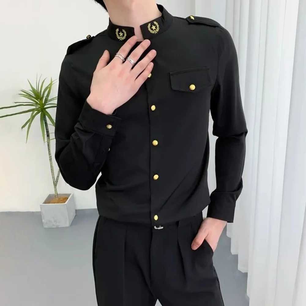 

Mens Slim Fit Embroidered Casual Long Sleeve Shirt Autumn Genderless Fashion Elegant Retro Youth Simple Stand Collar Top Unisex