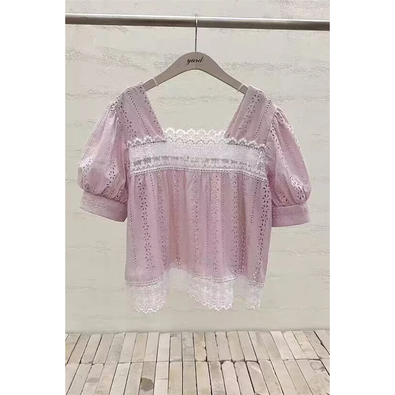 

Square Collar Short Sleeve Women's Shirt Embroidered Lace Hollow Splicing Bubble Sleeve Top Korean Style Summer New Arrival