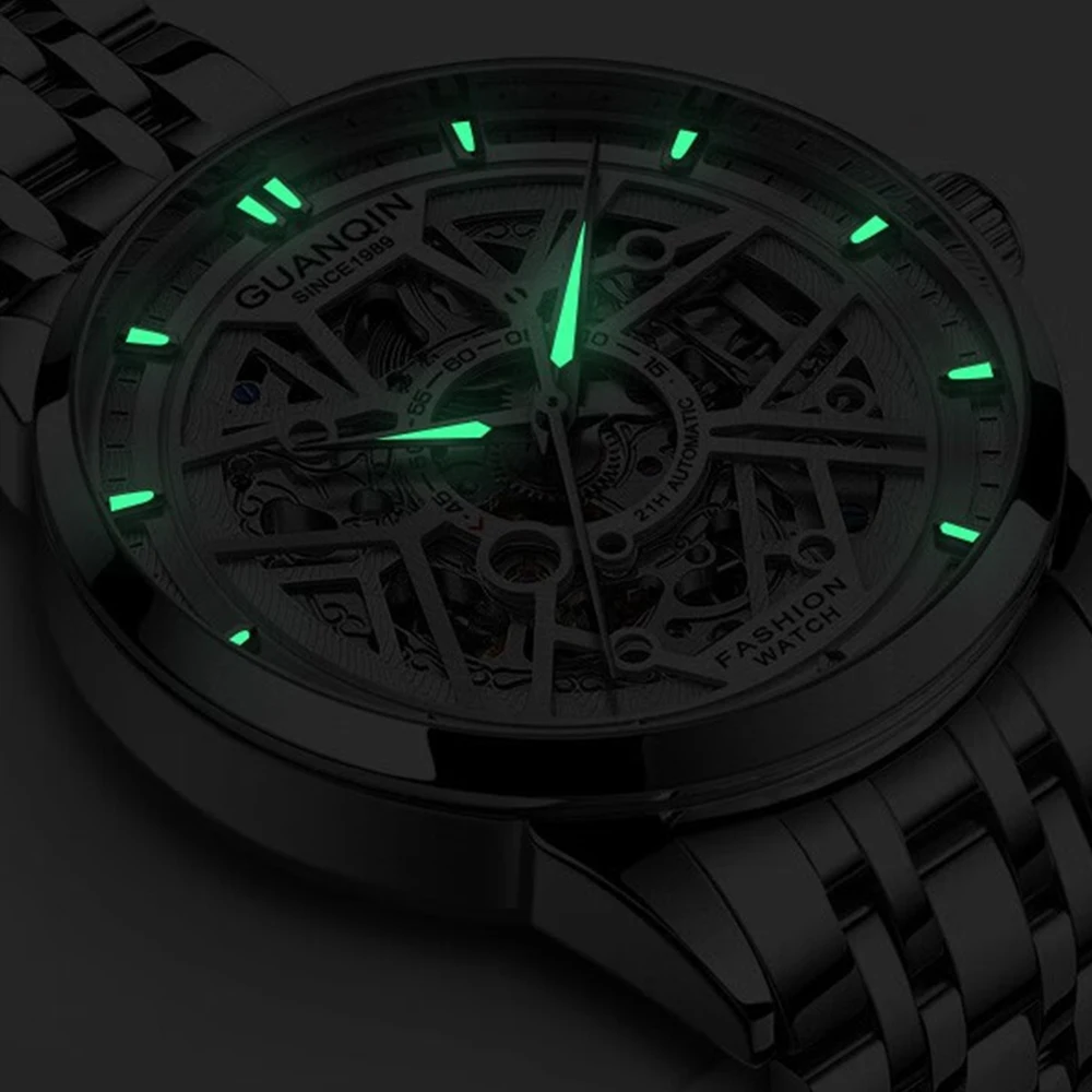 Guanqin Waterproof Luminous Men Watch Wear-resistant Leather Strap Fashion Classic Casual Skeleton Automatic Mechanical Watches