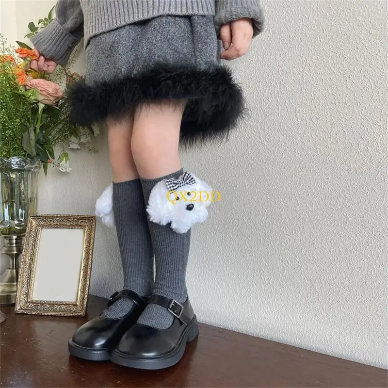 

QX2D Children Middle Calf Socks Adorable Puppy Bowknot Charm Pattern Nonslip Fabric