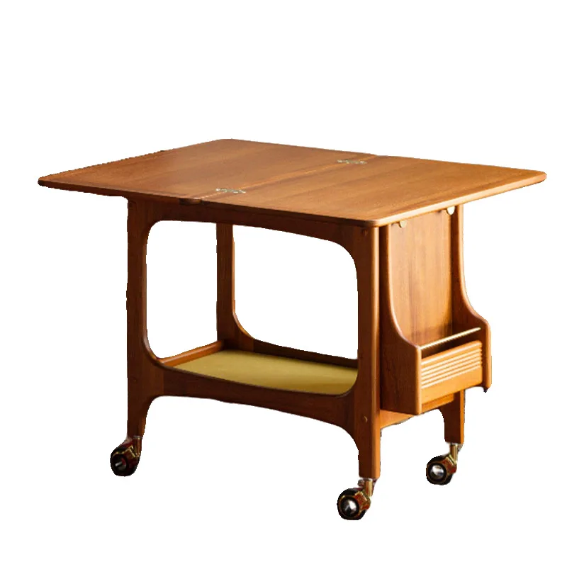 Solid wood tea table multi-functional mobile side table living room household small apartment teak cart folding