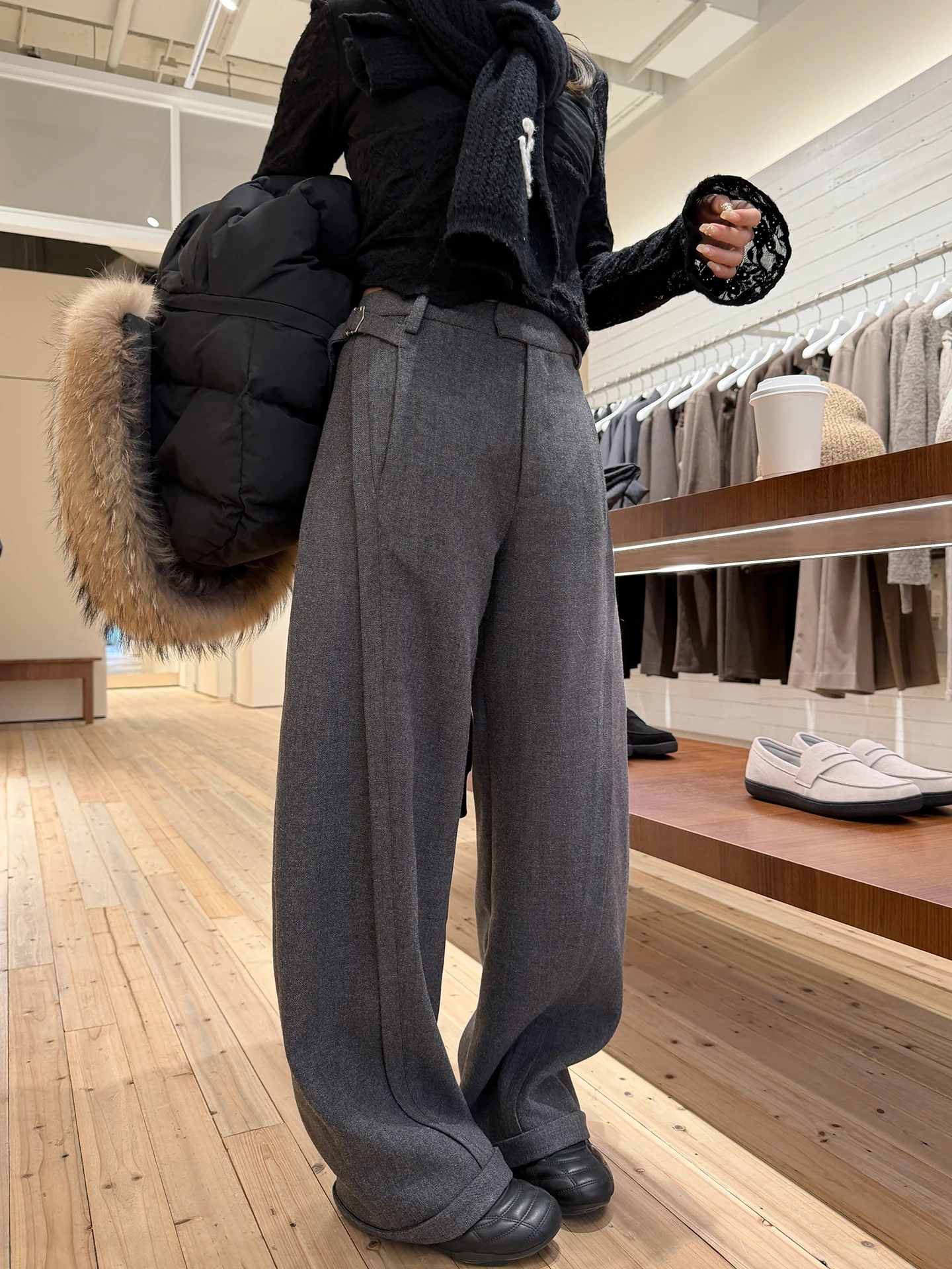 

Женские брюки EKOOL с высокой талией и широкими штанинами, повседневные, из утолщенной шерсти, свободного кроя, утягивающие, зимние, модные, из смесового полиэстера