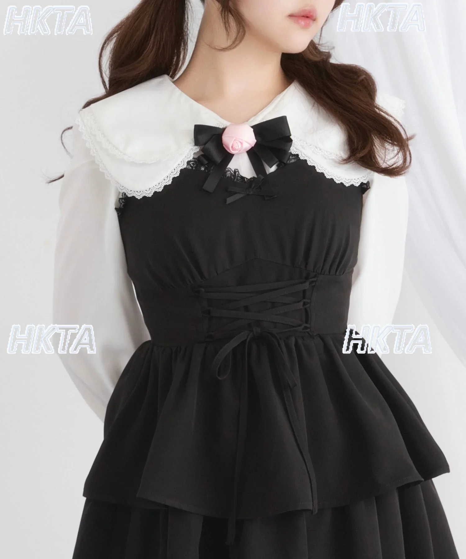 الحلو الخريف جديد تنوعا قميص أبيض المرأة لطيف مزدوجة طوق ثلاثي الأبعاد زهرة القوس كم طويل الشيفون البلوزات الأعلى