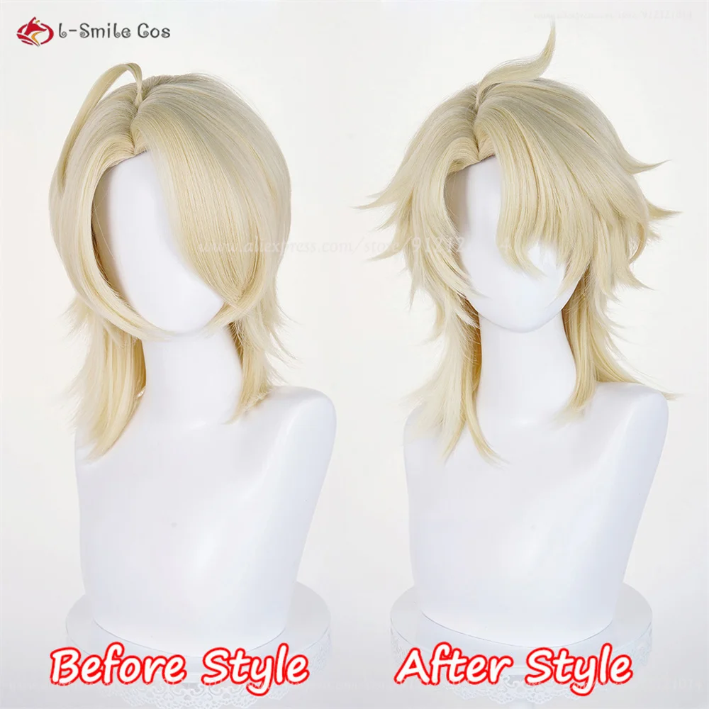 Varka Cosplay perruques 35 cm perruques dorées claires pour hommes Cosplay Anime perruque résistant à la chaleur cheveux synthétiques Halloween + bonnet de perruque