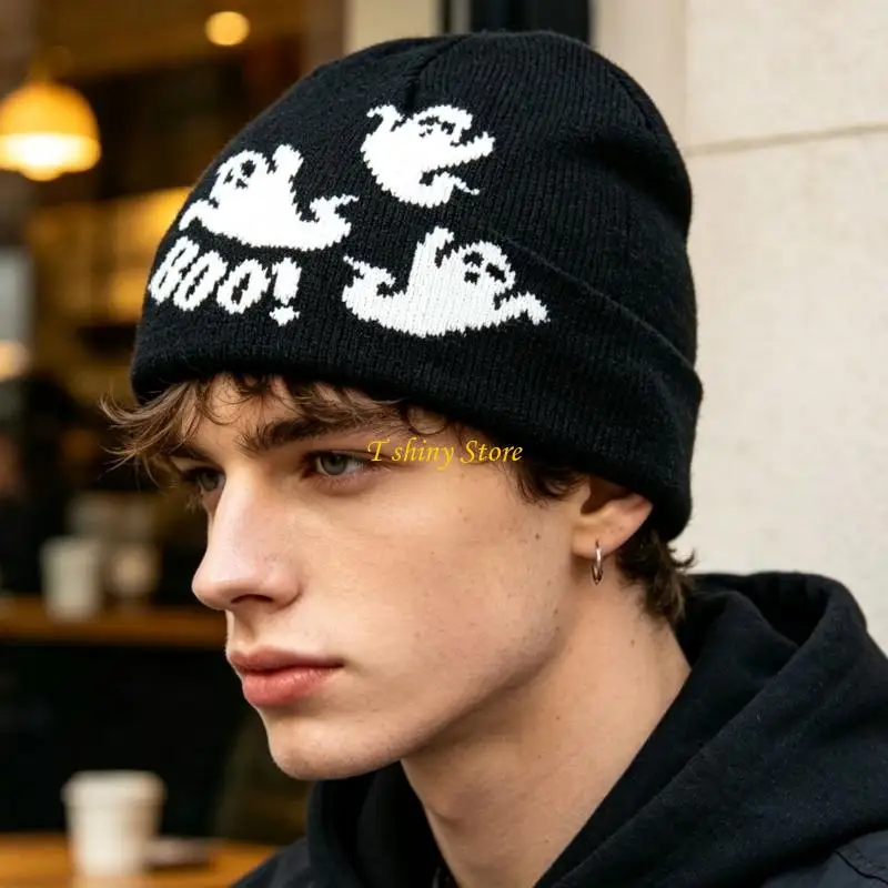 N58F Lightweight Halloween Brimless Hat with Scary-Face Pattern, Foldable Knit Pullover Hat for Costume Event and Travel
