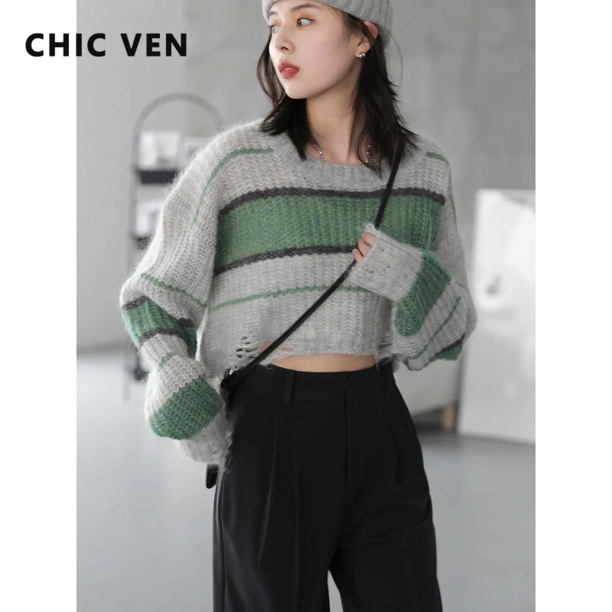 

CHIC VEN Women Sweaters Slightly Transparent Holes Contrast Stripes Long Sleeved Pullovers Female Jumpers Autumn Spring 2023