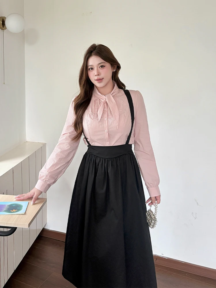 

Комплект из двух предметов: розовая юбка макси с эффектом похудения и съемными бретелями в стиле ретро, для полных женщин, для повседневной носки