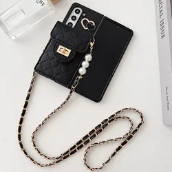 For Samsung Galaxy Z Fold 7 6 5 4 3 2 5G Love Heart Metal Buckle Lambskin Purse Card Bag Crossbody Long Chain Leather Case Cover