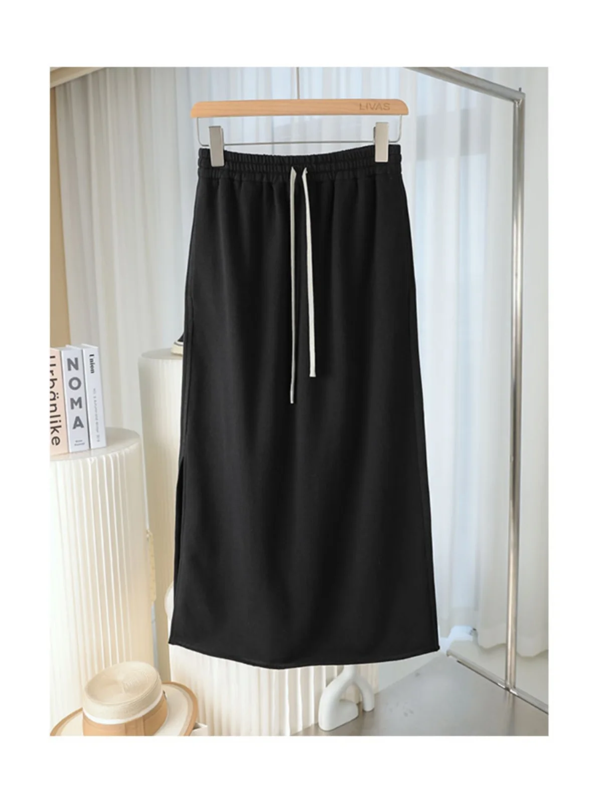 

Ele Cotton Knitted f Skirt with Belt High Waist Straight Leg Split Midi Skirt for Busin Commute Pure Color Long Skirt