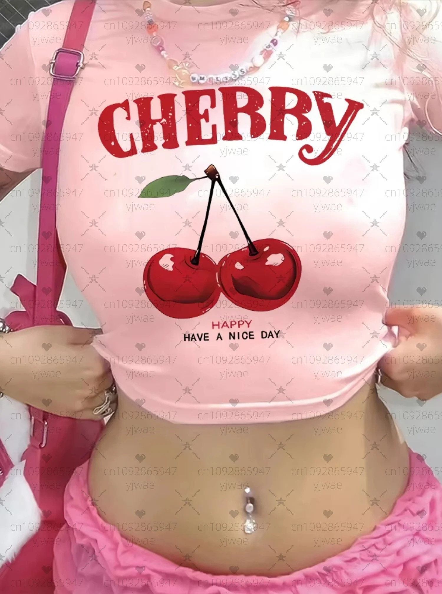 

WOMEN Casual Cropped Cherry Print Crew Neck T-shirt Y2K Short Sleeve Tees Crop Top Spring Summer Women's Clothing