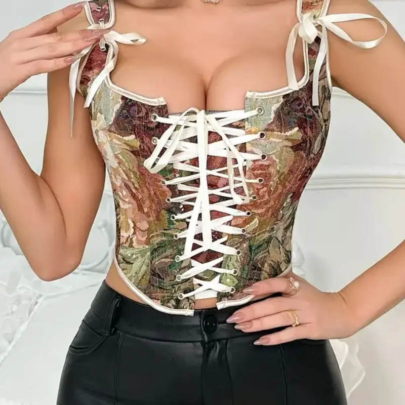 

Женский топ в придворном стиле с V-образным вырезом, принтом и завязками на талии, облегающий корсетный топ.