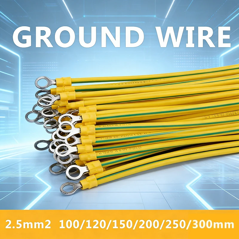 100pcs Grounding Wire With O Ring Terminal Red Copper Yellow Green Solar Photovoltaic Panel Ground Wiring 2.5mm2