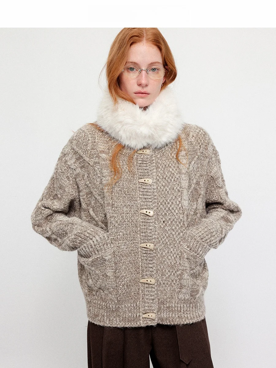 

Теплый вязаный винтажный свитер с цветовыми блоками, женское зимнее пальто с пуговицами, стандартный крой, длинный рукав, круглый вырез