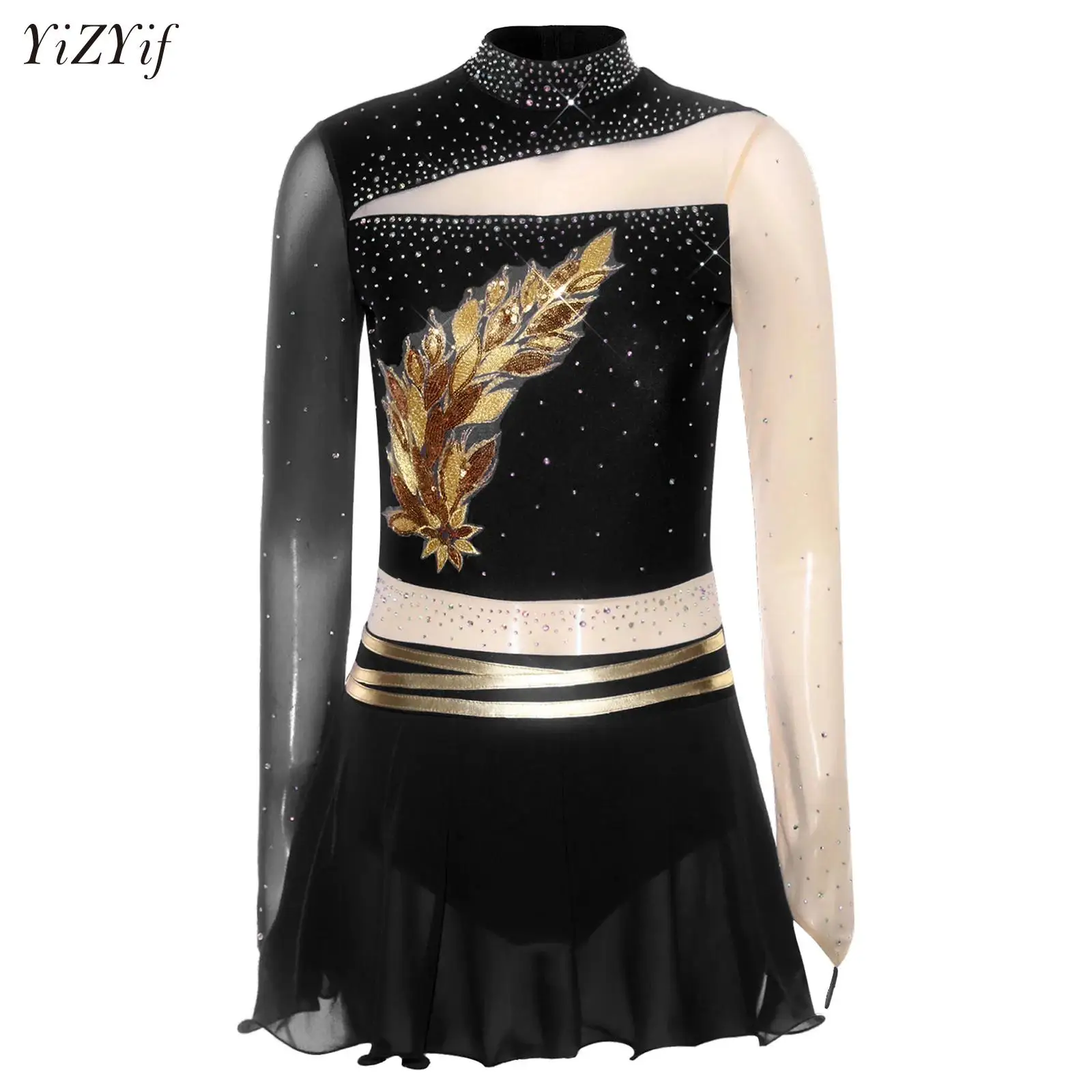 

Figure Skating Dress for Women Adults Embroidered Applique Splice Ballet Dance Gymnastics Leotard Tutu Dress Stage Performance