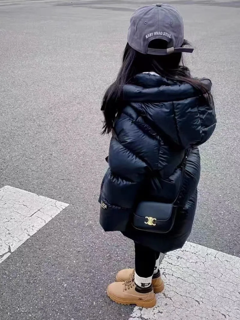 Children's Black Gold Children's Down Jacket Medium Length Thickened Bread Jacket Boys And Girls Cotton Jacket Top Kids Clothing