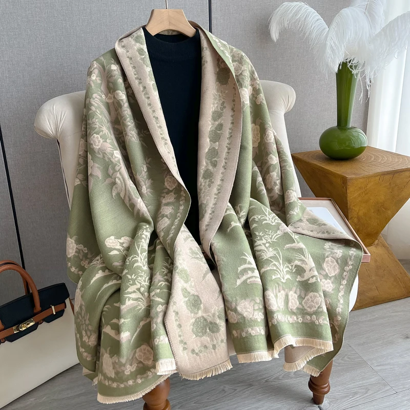 Fashion Warm Poncho Cashmere Winter Women Scarf Floral Print Shawl Wraps Female Thick Pashmina Blanket Bufanda Travel Echarpe