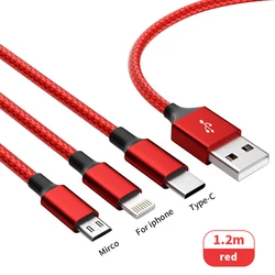 3 In 1 Red Fast Charging USB cable Type C Usb Micro For Iphone Samsung Huawei Xiaomi Multi Port Multiple Usb Charging Wire Line