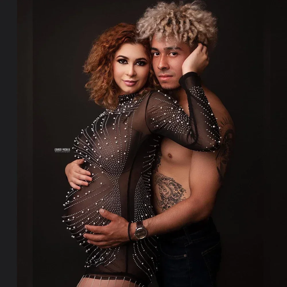 Maternity Photography Clothing Party Dresses Fashionable Sexy Elastic mesh Studded Pearl Fringed Dress For Pregnant Women Dress