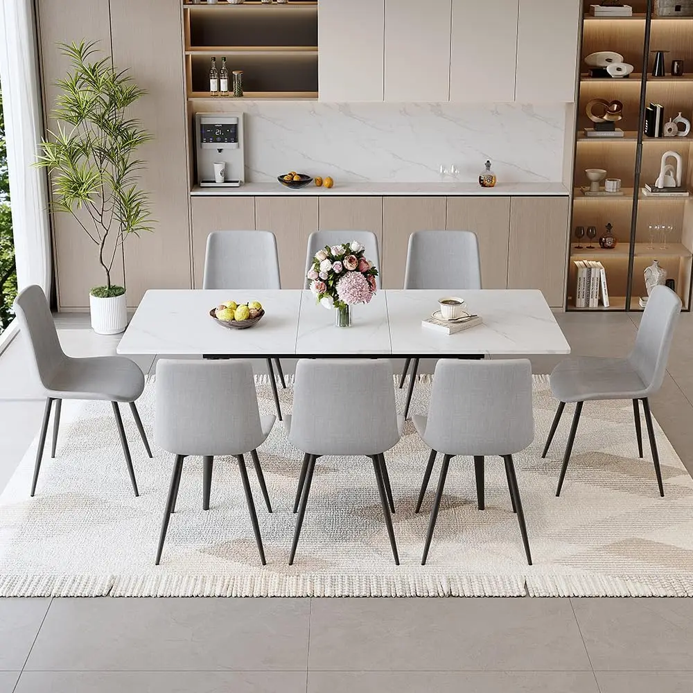 

Set for 8, 59"-75" Extendable Dining Room Table Set with 8 Upholstered Chairs, White Kitchen Table Chairs Set for Living
