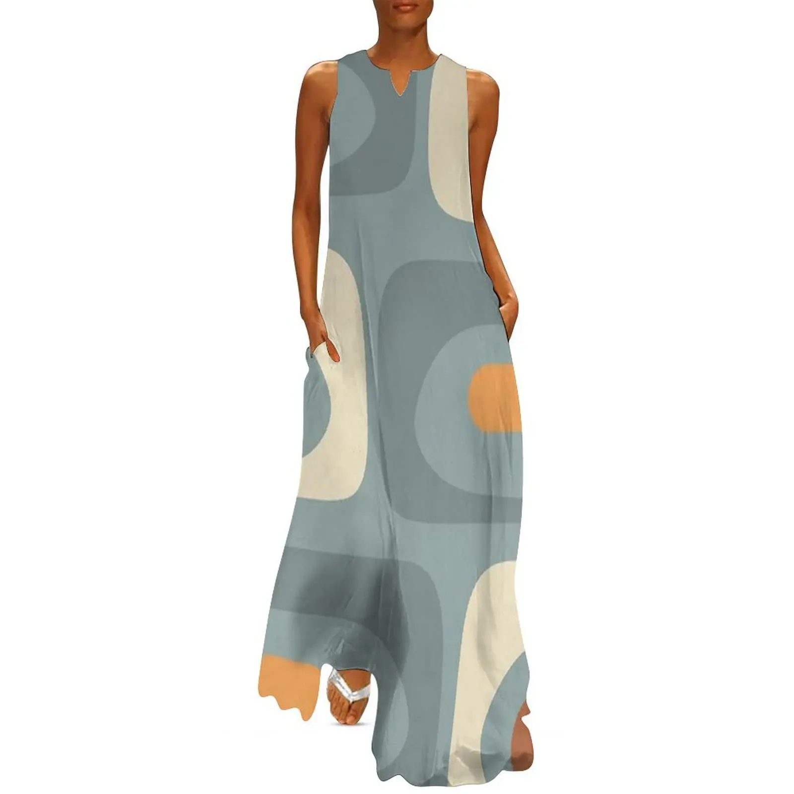 

Mid-Century Modern Piquet Minimalist Abstract Pattern Slate Blue Orange Rust Cream Long Dress clothes for woman dresses summer