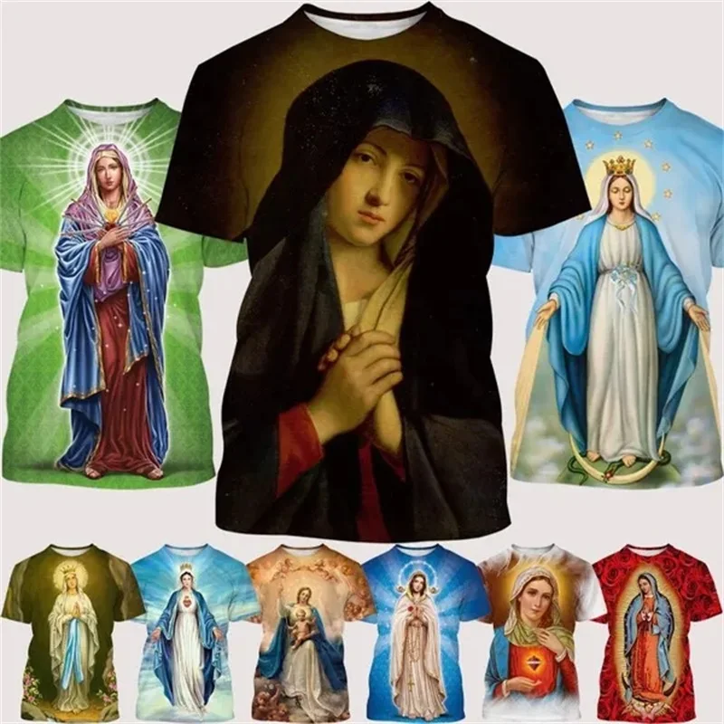 Mother Of Jesus Virgin Mary Tshirt For Men 3d Printed Short-sleeved Christian Belief Tee Tops Round Neck Oversized Mens Tshirt