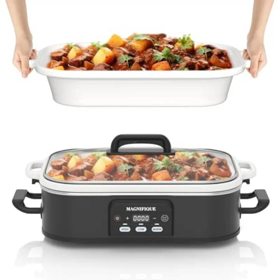 

4 Quart Programmable Slow Cooker with Ceramic Baking Dish - Oven Safe Durable Bakeware in White for Family Dinners Lasagna Roas