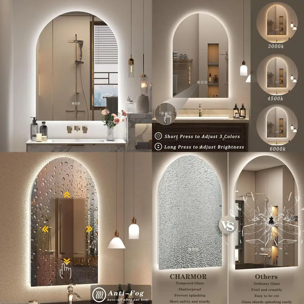 

Изогнутое светодиодное зеркало для ванной с подсветкой, 24x32 дюйма, регулируемая яркость, защита от запотевания, 3 цветовых режима, функция памяти, ударопрочное