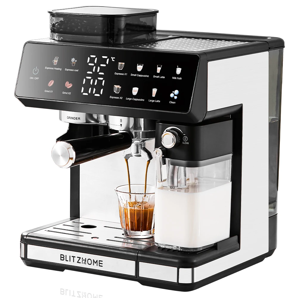 BlitzHome CM5710 All-in-One Espresso-Kaffeemaschine mit integriertem Mahlwerk, Doppelboiler, Heiß- und Kaltbrühfunktion, automatischem Milchaufschäumer für Zuhause