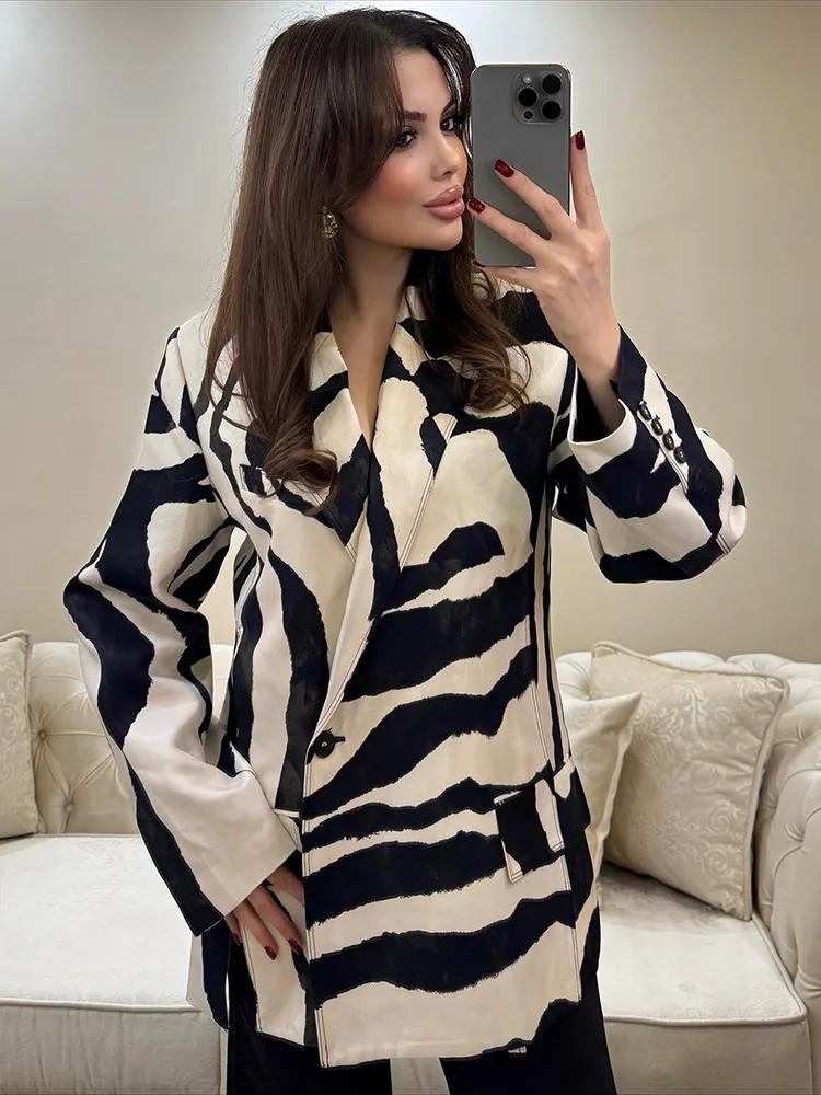 HH النساء سراويل أنيقة دعوى زيبرا المشارب جيب زر واحد تزيين بدوره إلى أسفل طوق سترة سترة سستة السراويل الطويلة غير رسمية #5