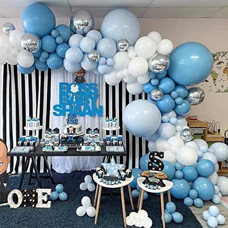 Kit d'arc de ballons, décoration de fête pour réception-cadeau pour bébé garçon, ensemble de fête d'anniversaire, décoration bleue et blanche, guirlande d'anniversaire