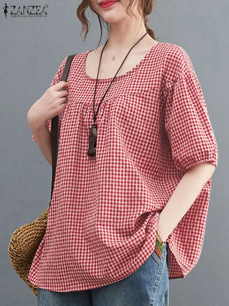 ZANZEA Summer Vintage Plaid Checked Tops Women Casual Loose Shirt Baggy Blusas Chemise Tunic Fashion O Neck Short Sleeve Blouse