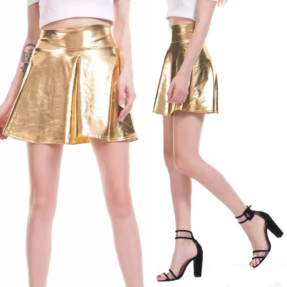 Retro Elegant Metallic Pleated Skirt Retro Flared Design A-line Short Skirt Solid Color Elastic Girls Short Mini Skirt Clubwear