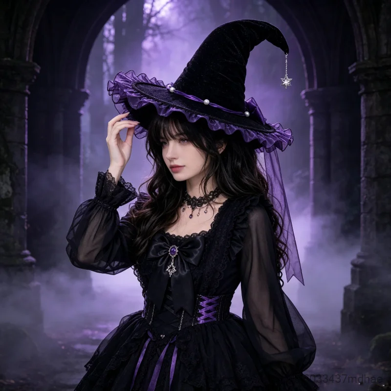 Women Gothic Witch Hat Black Pointed Wizard Cap Purple Lace Trim Star Pendant Halloween Party Cosplay Lolita Costume Props